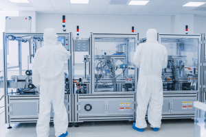Operators in cleanroom overalls working high-precision industrial 3D printers within a manufacturing plant.